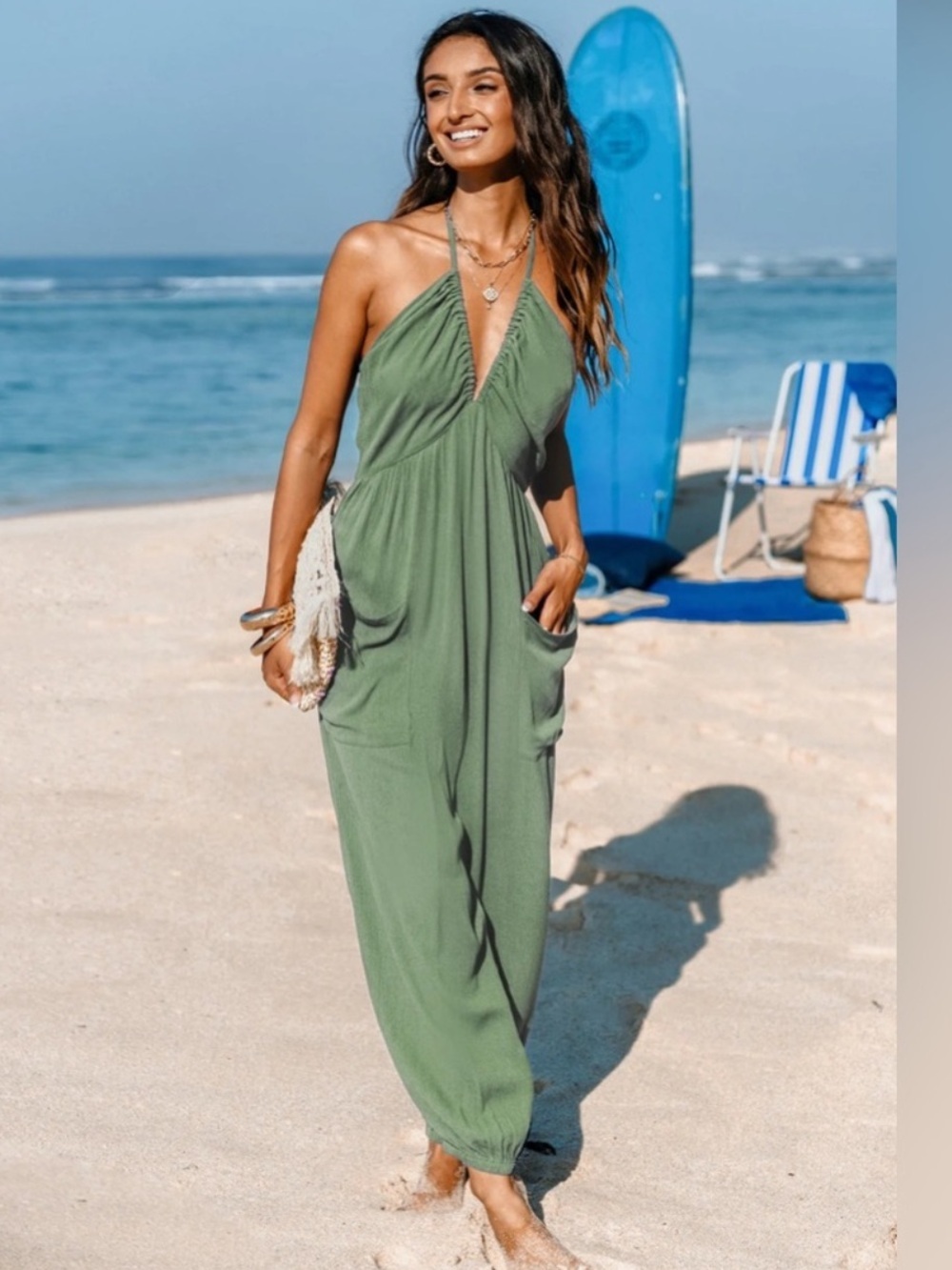 Light Green Halter Jumpsuit with Pockets